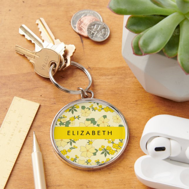 Yellow Flowers, Pattern Of Flowers, Your Name Key Ring (Desk)