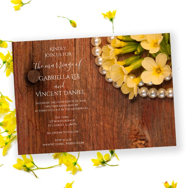Yellow Flowers, Pearls, Barn Wood Country Wedding Invitation (Creator Uploaded)