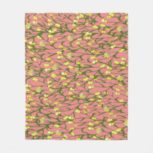 Yellow Flowers Pink Background Vintage Fleece Blanket
