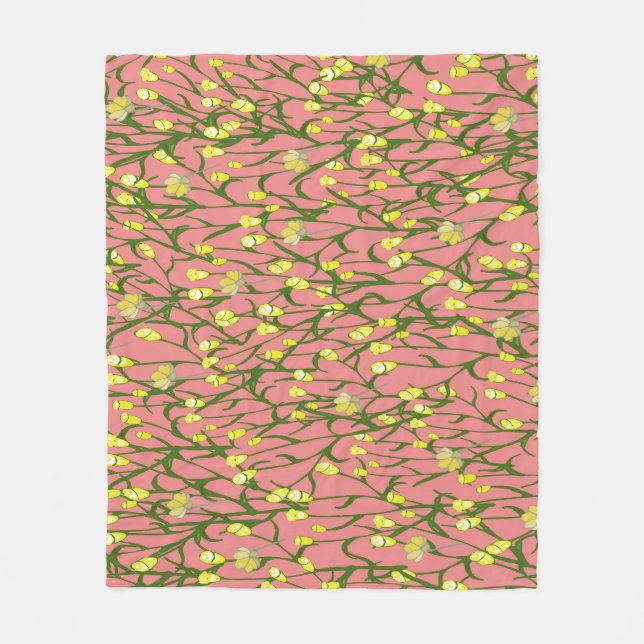 Yellow Flowers Pink Background Vintage Fleece Blanket (Front)