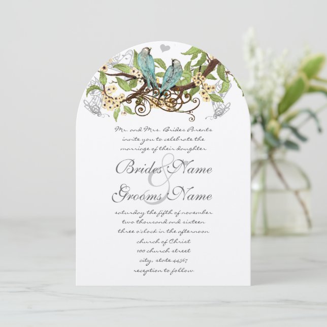 Yellow Flowers Pool Blue Birds Wedding Invite (Standing Front)