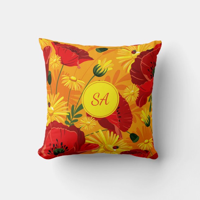 Yellow flowers & Red Poppies Monogrammed Cushion (Front)