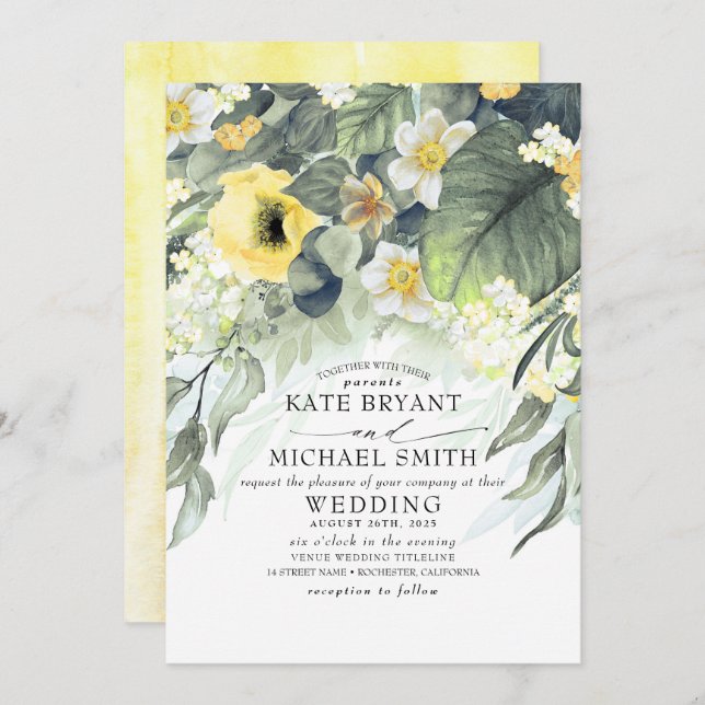 Yellow Flowers Summer Garden Romantic Wedding Invitation (Front/Back)