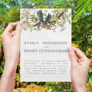 Yellow Flowers Teal Vintage Lovebird Wedding Invitation