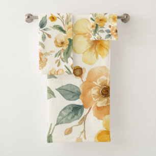 Yellow Flowers Watercolor Botanical Floral Bath Towel Set