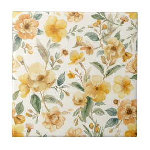 Yellow Flowers Watercolor Botanical Floral Ceramic Tile