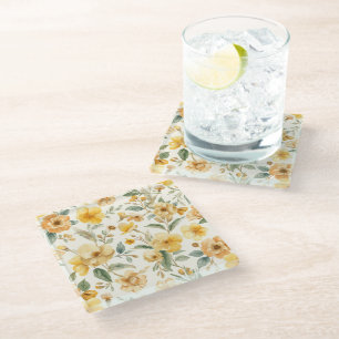 Yellow Flowers Watercolor Botanical Floral Glass Coaster