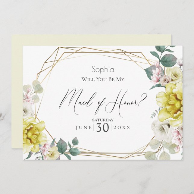 Yellow Flowers Will You Be My Maid of Honour Invitation (Front/Back)