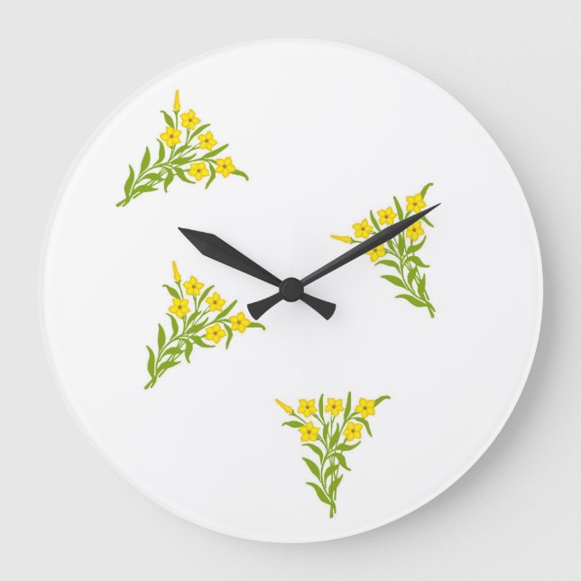 Yellow flowers with green leaves on white large clock (Front)