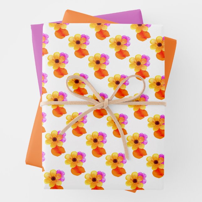 Yellow Flowers with Orange & Purple Leaves Wrapping Paper Sheet (In situ)