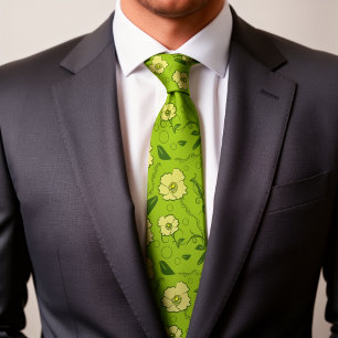 Yellow Flowers With Vines And Circles On Green Tie