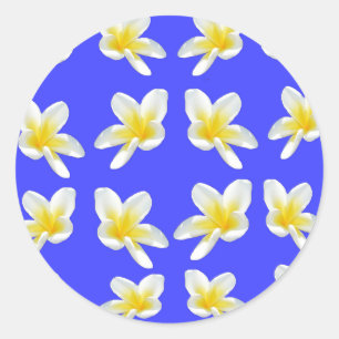 Yellow Frangipani Flowers On Blue, Classic Round Sticker