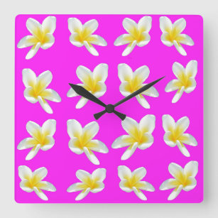 Yellow Frangipani Flowers On Pink Backgrrond, Square Wall Clock
