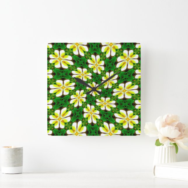 Yellow Frangipani Pattern Square Wall Clock (Home)