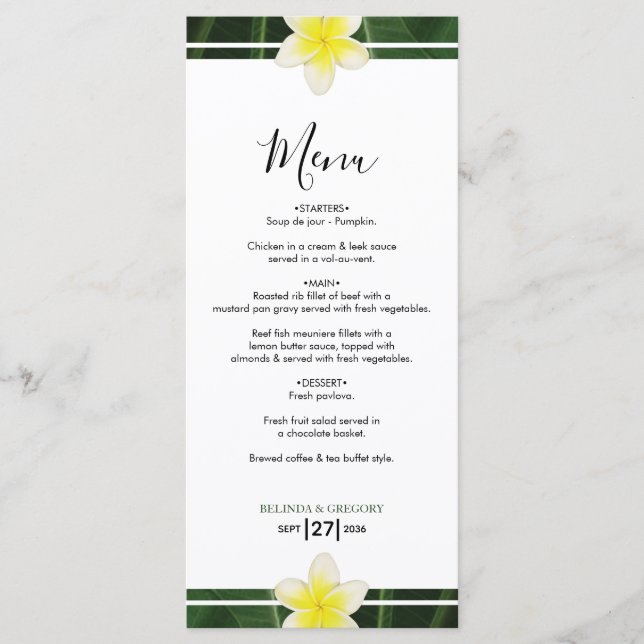 Yellow Frangipani Plumeria Menu (Front)