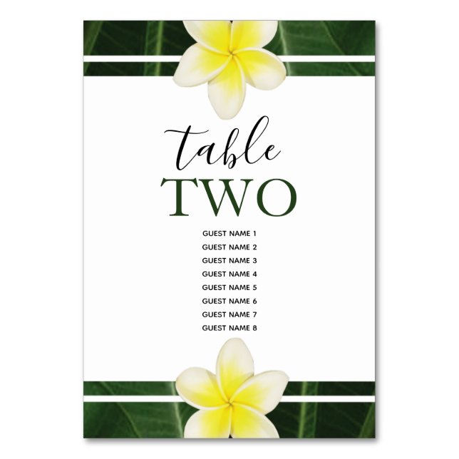 Yellow Frangipani Plumeria Wedding Guest Names Table Number (Front)