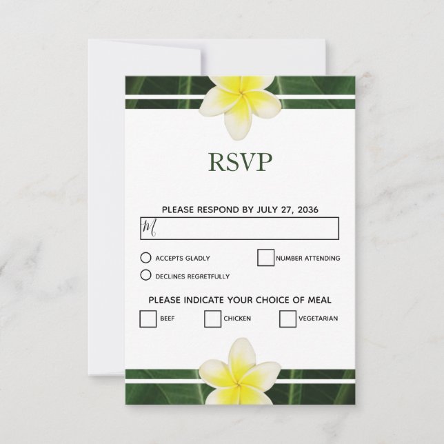 Yellow Frangipani Plumeria Wedding RSVP Cards (Front)