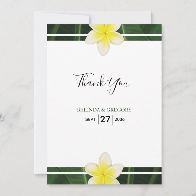 Yellow Frangipani Plumeria Wedding Thank You Card (Back)