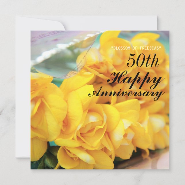 Yellow Freesias 50th Wedding Anniversary Card (Front)