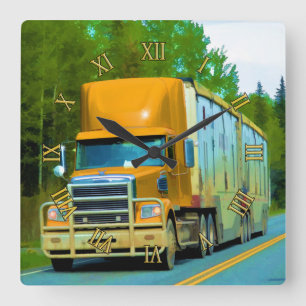 Yellow Freight Truck - Lorry and Highway Art Square Wall Clock