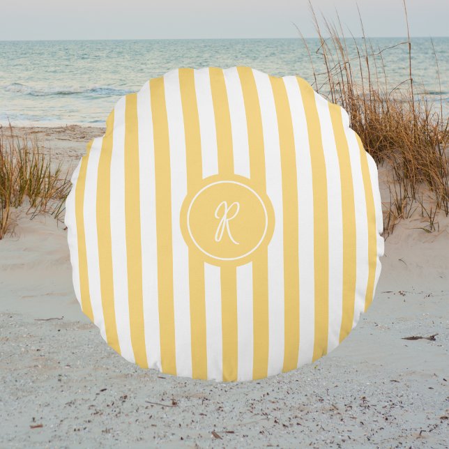 Yellow French Beach Stripe Personalised Monogram Round Cushion (Creator Uploaded)