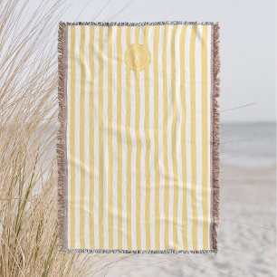 Yellow French Beach Stripe Personalised Monogram Throw Blanket