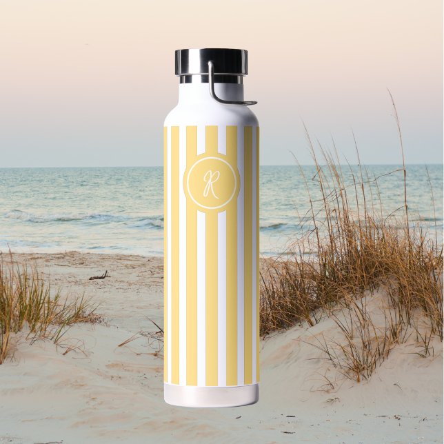 Yellow French Beach Stripe Personalised Monogram Water Bottle (Creator Uploaded)
