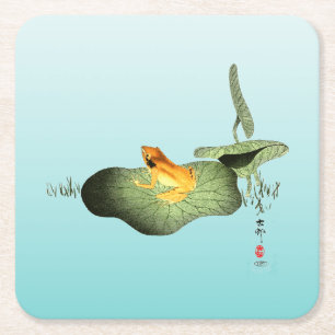 Yellow Frog on Lotus Leaf Square Paper Coaster