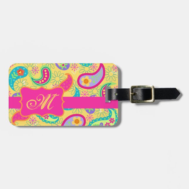 Yellow Fuchsia Pink Modern Paisley Monogram Luggage Tag (Front Horizontal)