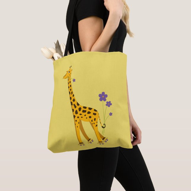 Yellow Funny Roller Skating Giraffe Tote Bag (Close Up)