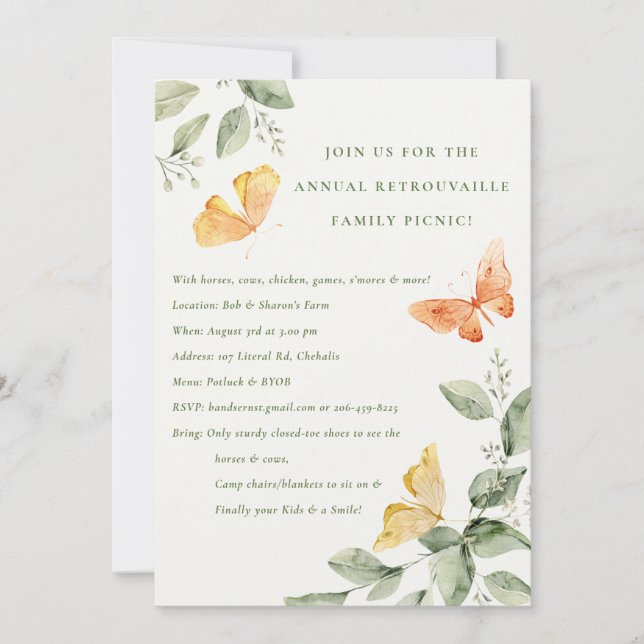 Yellow Garden Foliage Butterflies Annual Picnic Invitation (Front)