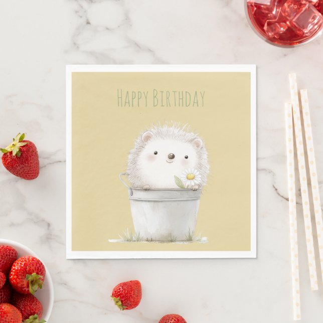 Yellow Garden Hedgehog with Daisy Flower Birthday Napkin (Insitu)