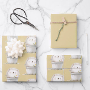 Yellow Garden Hedgehog with Daisy Flower Birthday Wrapping Paper Sheet