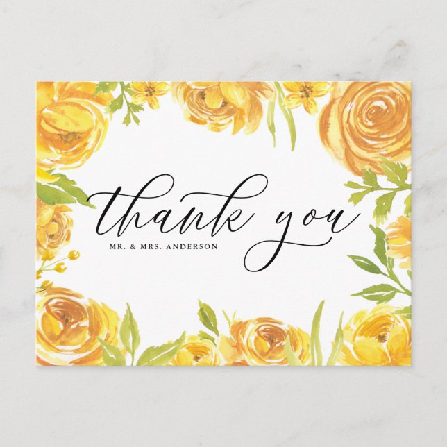 Yellow Garden Roses Frame Wedding Thank You Postcard (Front)