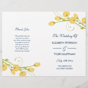 Yellow Garden Roses with navy text wedding program