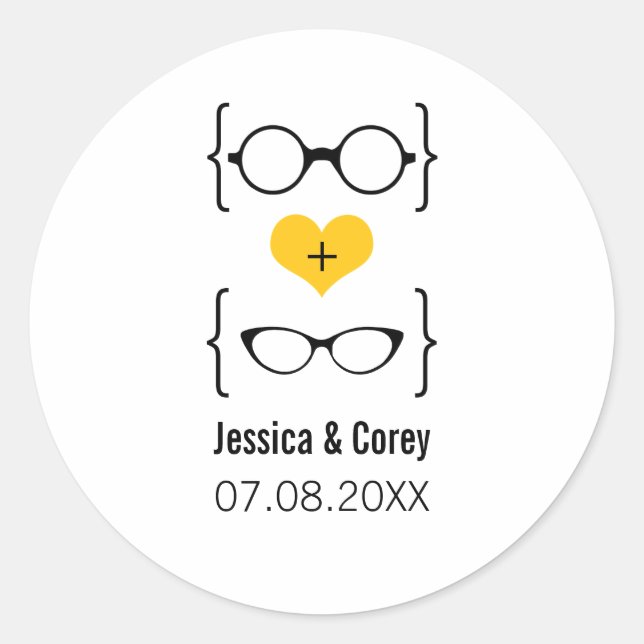 Yellow Geeky Glasses Wedding Stickers (Front)