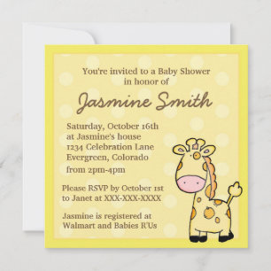 Yellow gender neutral giraffe baby shower invites