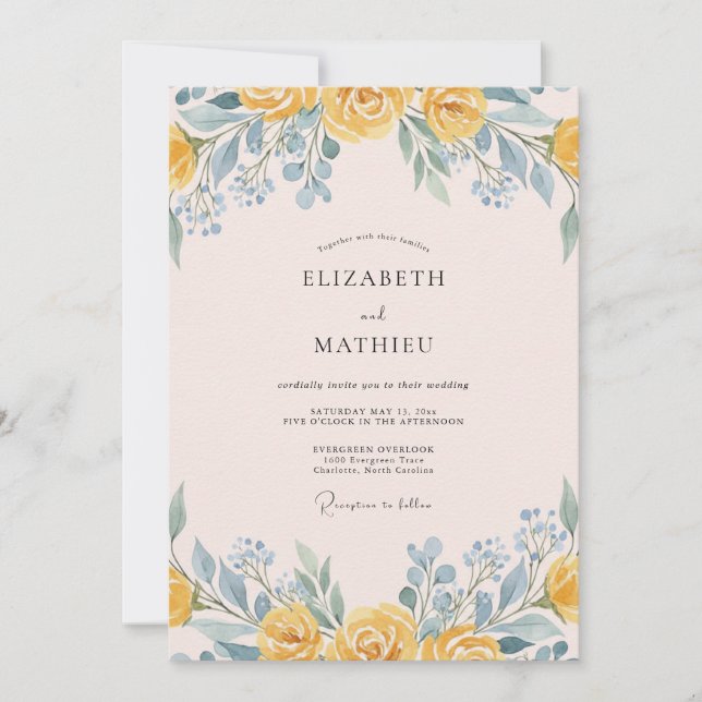 Yellow Gentle Floral Romance Wedding Invitation (Front)