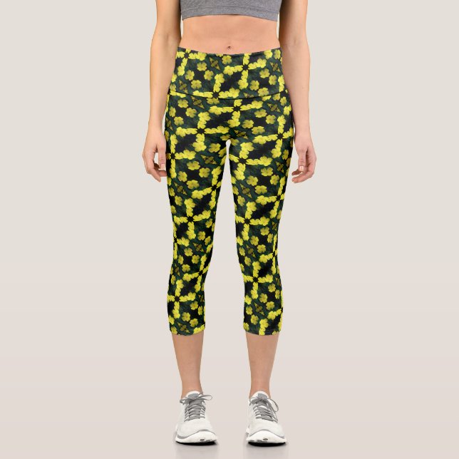 Yellow Geranium Flowers Abstract Pattern      Capri Leggings (Front)