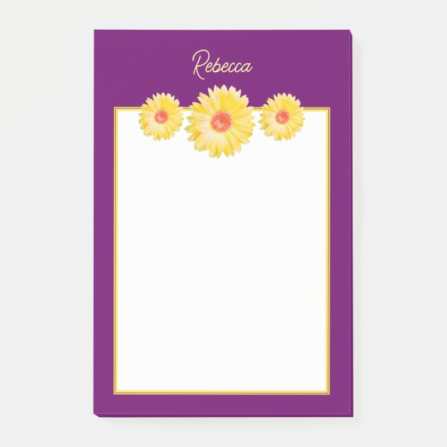 Yellow Gerbera Daisies on Purple Personalised Post-it Notes (Front)