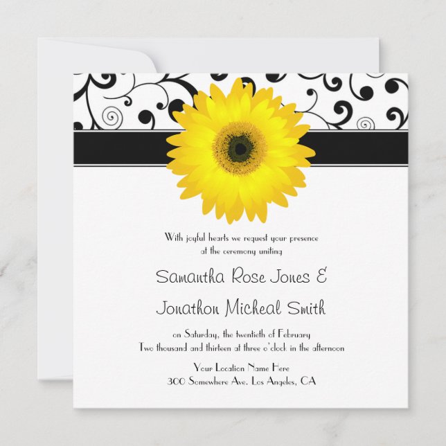 Yellow Gerbera Daisy Black Scroll Design Wedding Invitation (Front)