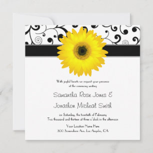 Yellow Gerbera Daisy Black Scroll Design Wedding Invitation
