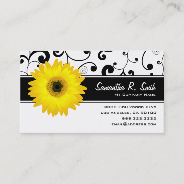 Yellow Gerbera Daisy Black & White Scroll Business Card (Front)