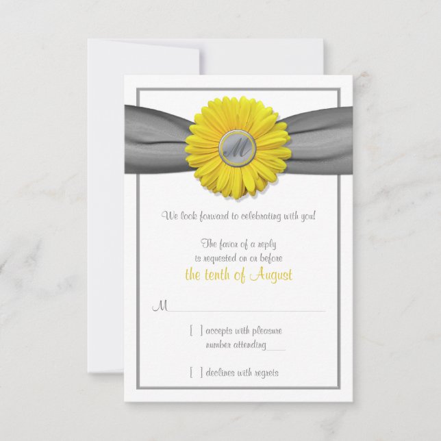Yellow Gerbera Daisy Grey Ribbon RSVP reply card (Front)