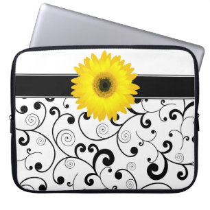 Yellow Gerbera Daisy on Black & White Scroll Laptop Sleeve