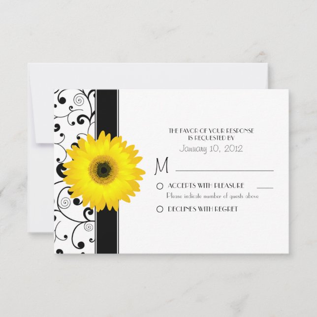 Yellow Gerbera Daisy with Black Scroll Design RSVP Card (Front)