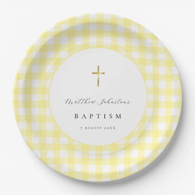 Yellow Gingham Baby Baptism Paper  Plate (Front)