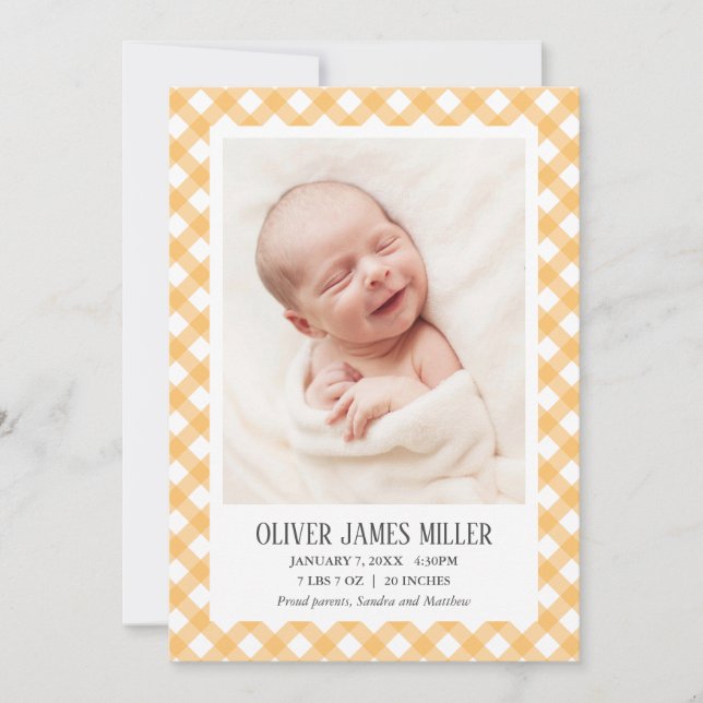 Yellow Gingham Baby Birth Announcement Photo Card (Front)