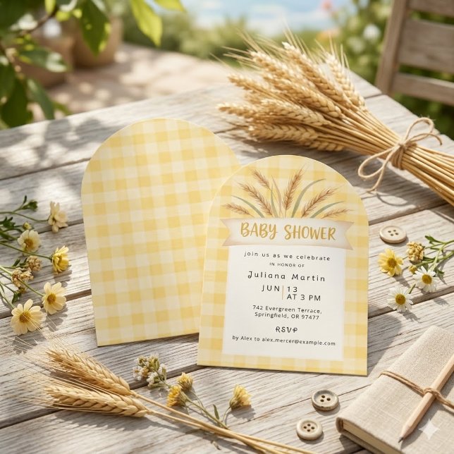 Yellow Gingham Baby Shower Invitation with Wheat (Creator Uploaded)