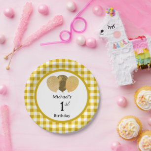 Yellow Gingham & Balloons 1st Birthday Paper Plate